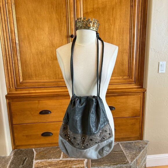 Morgan Le Fay Vintage Grey Leather and Suede Studded Bag - Picture 6 of 11